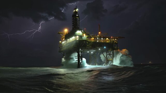 An offshore oil rig standing strong middle violent storm. Dark, turbulent ocean waves crashing metal structure lightning stormy sky rain pouring down. rig&rsquo;s lights flicker wind howls scale durability