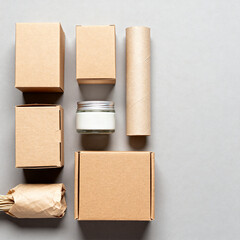 Eco friendly packaging mockup with blank kraft boxes and glass containers on neutral background