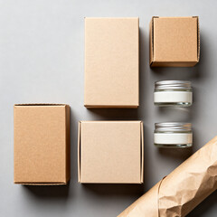 Eco friendly packaging mockup with blank kraft boxes and glass containers on neutral background