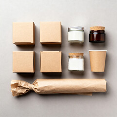Eco friendly packaging mockup with blank kraft boxes and glass containers on neutral background