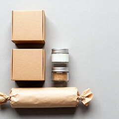Eco friendly packaging mockup with blank kraft boxes and glass containers on neutral background