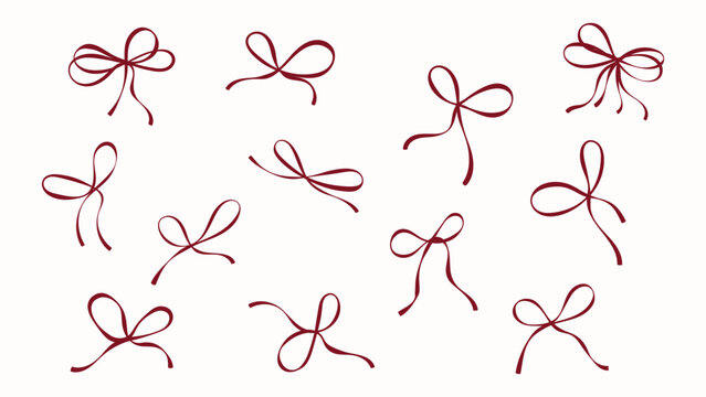 Coquette Aesthetic Red Wine Ribbon Bows, Minimalist Ink Line Art Set