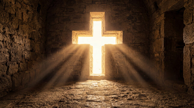 A powerful image of a cross-shaped cutout in an old stone wall, with bright, divine sunlight and dramatic rays shining through. A beautiful symbol of faith, hope, and spiritual light.