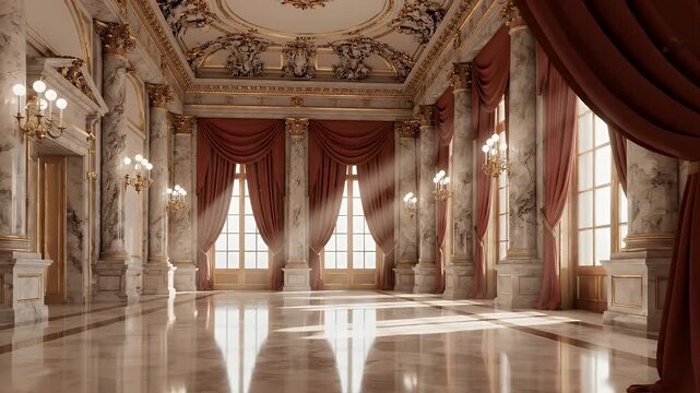 Grand Ballroom Interior With Marble Columns Red Drapes And Sunlight Rays Shining Through Windows
