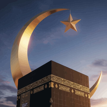 Golden Islamic Crescent Moon and Star Above the Kaaba in Mecca, a Symbol of Faith and Islamic Culture