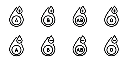 Set of eight blood type icons with positive and negative signs within drop shapes © GiftBosx