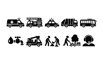Set of emergency and public service vehicles and symbols including ambulance, fire truck, police car © GiftBosx