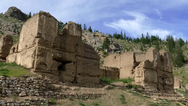 Stone ruins of an ancient Buddhist monastery on the mountainside.
   The monastery of Manjushri is 40 km from Ulan Bator.