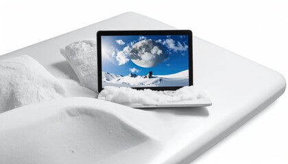 Fototapeta premium Laptop sits in an all-white setting, screen showing a snowy mountain scene with the moon