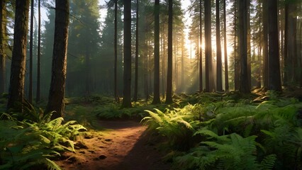 Obraz premium Peaceful Forest Trail with Golden Sunlight at Sunrise in Lush Green Woodland