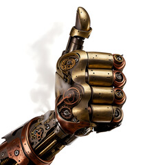 Steampunk mechanical hand giving thumbs up isolated on a transparent background