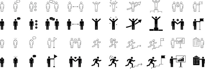 Set of human behavior and social interaction icons in line and solid style