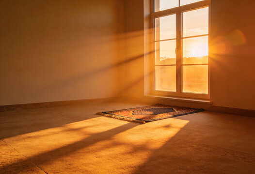 Empty prayer room with sun light shining on traditional rug near large window