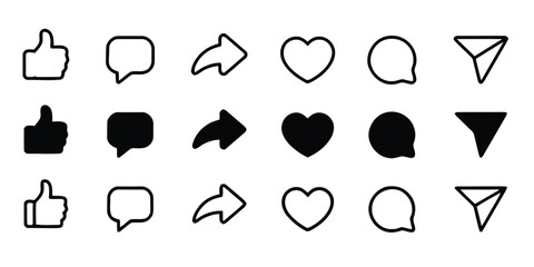 Social media icons set like thumb up, chat bubble, share, and heart outline filled