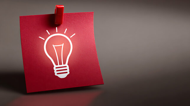 Red note paper with a brilliant glowing light bulb icon held by a red clip, symbolizing new ideas, creativity, innovation, and solutions on a gradient gray background