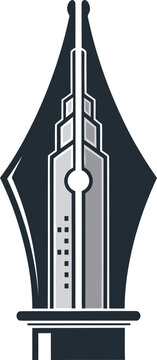 Modern logo design merging a skyscraper building with a fountain pen nib, symbolizing architecture, writing, or creative construction.