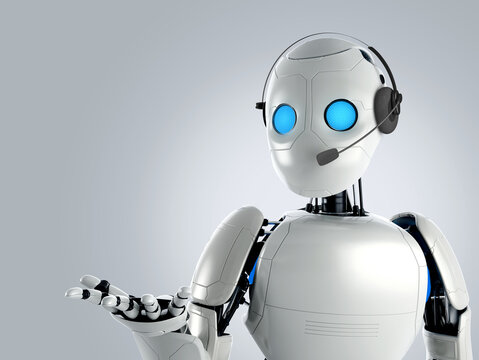 3D rendering of a white humanoid robot wearing a headset with a microphone, concept for AI customer service, digital assistant, and tech support.
