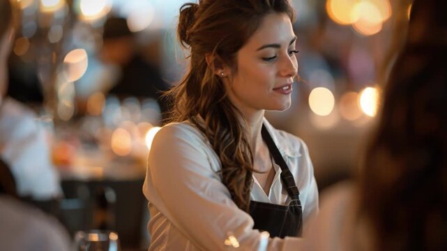 Cheerful waitress apron warmly engages with diners at cozy, well-lit restaurant, displaying exceptional hospitality friendly service amidst vibrant, welcoming atmosphere, making patrons feel at ease