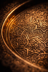 Naklejka premium Luxury Golden Islamic Geometric Pattern – Ottoman Arabesque Metal Engraving Macro Background for Ramadan & Eid Decor