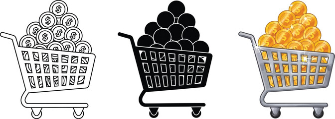 Collection of shopping cart icons filled with coins representing e-commerce and financial concepts isolated on white background © Ahmad