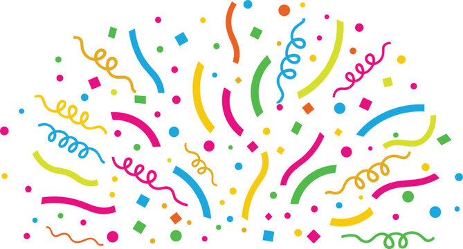 Vibrant colorful confetti and streamers on white background for celebration