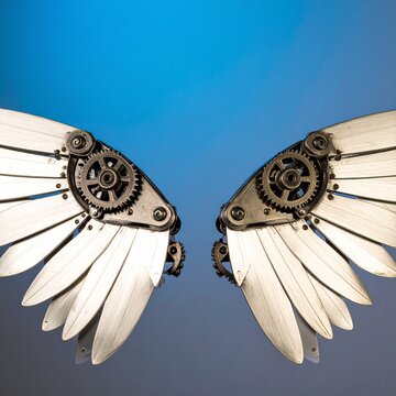 Mechanical owl wings spread open futuristic design steampunk technology blue sky background