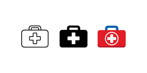 First Aid Kit Icons Set in Outline, Solid and Flat Style on Light Background