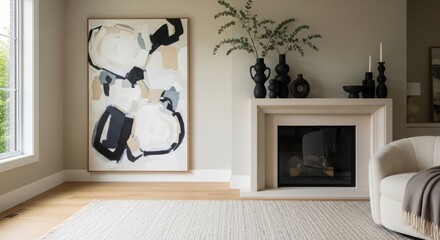 Stylish living room interior with modern abstract art on the wall and a decorative fireplace. Contemporary home decor.