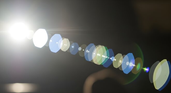 A blurry image of lens flares and light diffraction patterns