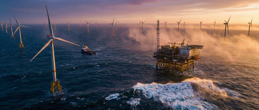 Aerial view of an offshore wind farm and electrical substation platform with a service vessel in a dramatic stormy ocean at sunset.