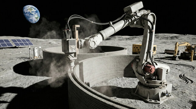 Industrial robotic arm 3D printing a lunar base habitat on the Moon with Earth in the background representing off-world colonization.