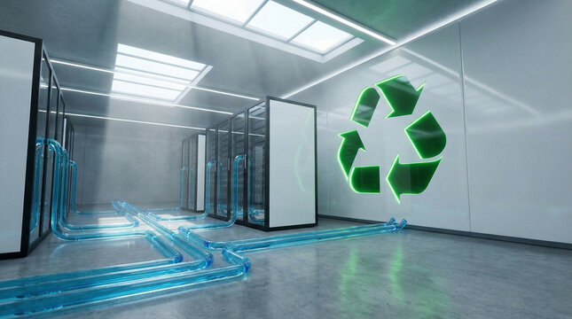 Sustainable green data center with server racks and a glowing recycle symbol representing eco-friendly technology and ESG initiatives.
