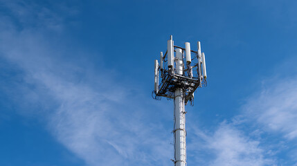 Modern Telecommunication Mast against a Clear Blue Sky with Streaky Clouds, Symbolizing Global Connectivity and Advanced Wireless Communication