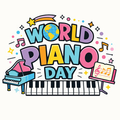 Colorful illustration celebrating world piano day with musical notes a globe and a piano high-quality