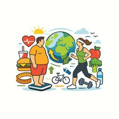 Fototapeta premium Illustration depicting healthy lifestyle choices contrasted with unhealthy habits featuring earth and people high-quality professional