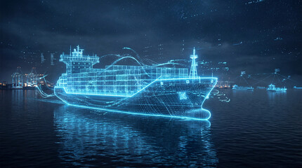 Futuristic Digital Cargo Ship Hologram in Smart Port at Night