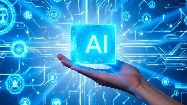Hand holding AI cube with circuit background