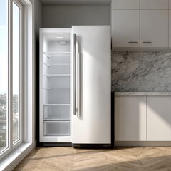 Modern kitchen with open stainless steel refrigerator
