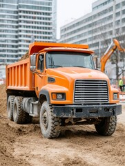 Obraz premium Bright orange dump truck transporting soil at construction site