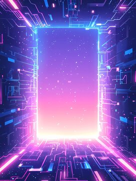 A vibrant futuristic digital portal glowing with radiant lights, a portal to a world of endless possibilities. The scene has a sense of technological marvel and innovation
