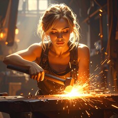 Female welder in protective gear sparks metalwork in industrial workshop with dramatic lighting