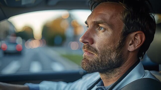 Medical professional, donning stethoscope, is lost thought while navigating through city's busy traffic during warm, golden hour light, concentrating on healthcare challenges faced in their profession