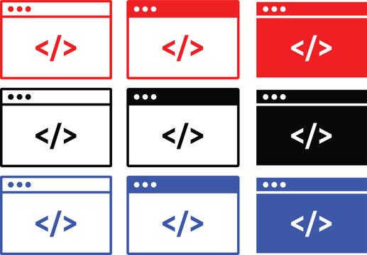 Code window vector illustration set with programming language symbols and browser interfaces