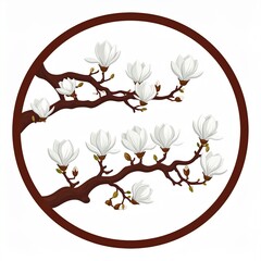 White cherry blossom branch in circular frame minimalist spring floral art design