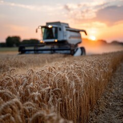 Fototapeta premium Advanced combine harvester working in golden wheat field at sunset