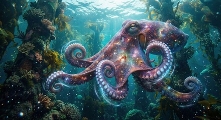 Giant purple octopus with cosmic nebula patterns swimming through underwater kelp forest in deep blue ocean waters