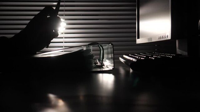 Person's hand and a binder in silhouette on a desk, illuminated by light filtering through blinds, indicating clandestine work or a secret investigation in a dark office setting