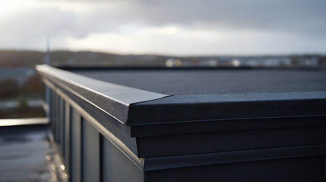 Industrial Rooftop Edge with Metal Flashing and Flat Surface Under Overcast Sky, Modern Building Exterior Architecture Detail