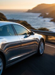 Obraz premium Electric Car Driving on Coastal Highway at Sunset