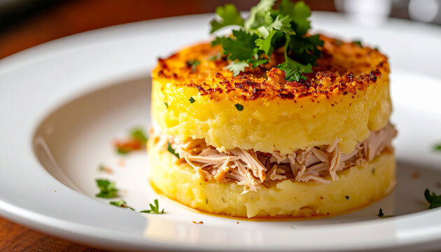 Causa Rellena, stacked golden potato layers with creamy chicken center, microgreens on top, tasty food